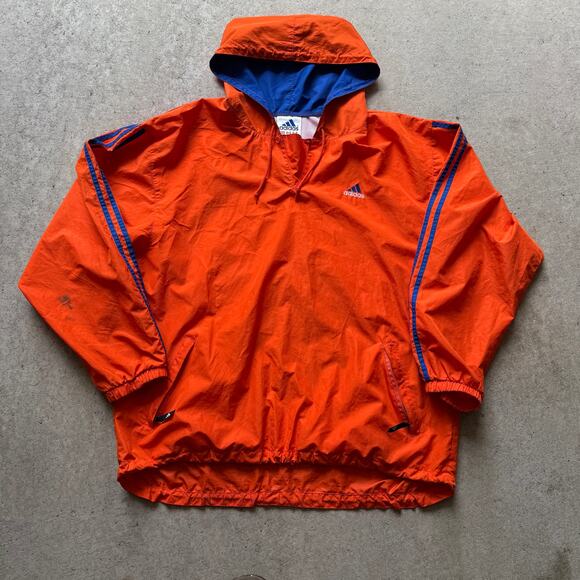 Men's Vintage 90's Adidas Orange Blue Hooded Pullover Windbreaker Jacket Sz XL - Picture 1 of 6